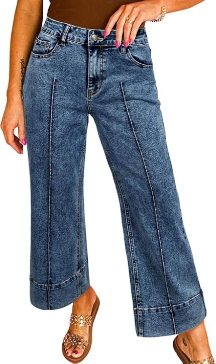 Astylish Women's 2026 Stretchy Breathable Wide Leg High Waisted Jeans Casual Cropped Ankle Denim Pants with Vertical Seams
